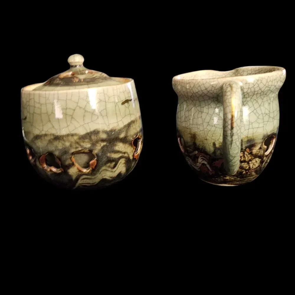 Vintage Made in Japan Art Pottery Creamer Sugar Bowl Crackle Glaze Pierced Heart